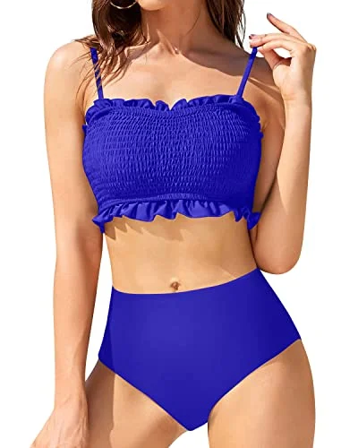 Designer high-neck swim sets for chic swimwear -Women's Bandeau Two Piece Smocked Ruffled Bikini-Royal Blue