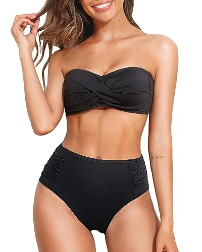 Supportive bikini swim sets for water sports -Twist Front Bandeau Top & High Waist Bikini Set