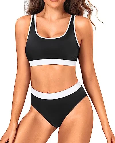 Supportive bikini swim sets for water sports -Colorblock Sports Bra & High Waist Two Piece Set