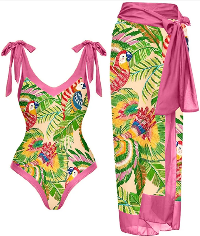 Bright neon swim sets for eye-catching style -Pink Parrot Printed Swimwear Two Piece Set