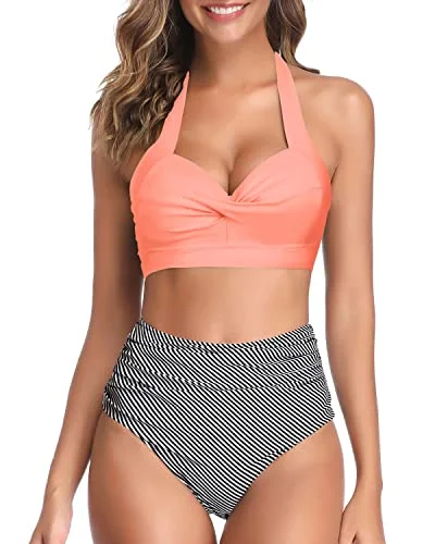 Retro bikini swim sets for nostalgic cool -Figure-Flattering High Cut Legs Women's Bikini Swimsuits-Coral Pink Stripe