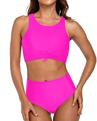 Adjustable swim sets for personalized fit ease -Vintage High Waisted Bikini Set Sporty Two Piece Swimsuits-Neon Pink