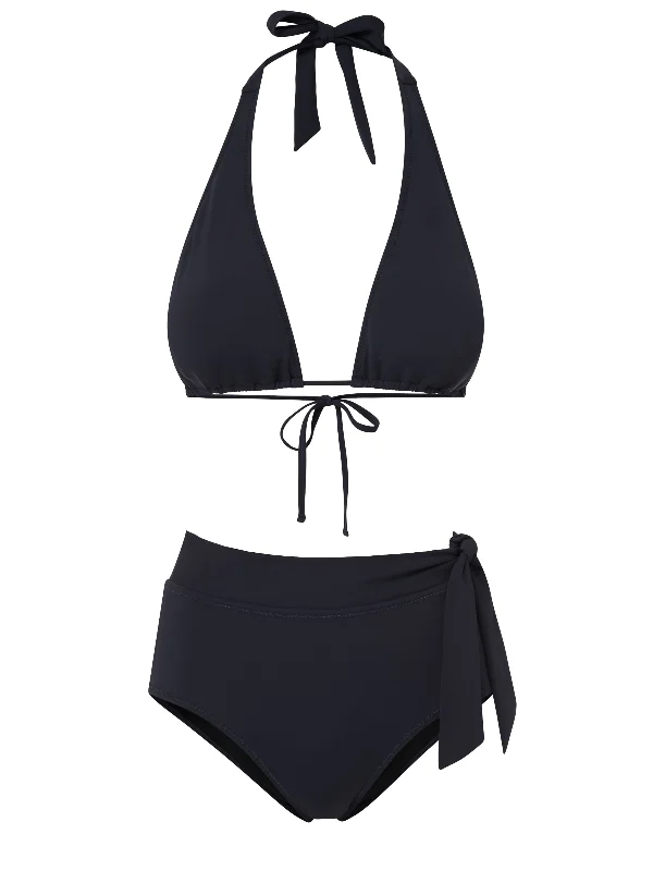 Floral swim sets with delicate petal patterns -Allison Top + Side Tie High Waist Bottom in Black