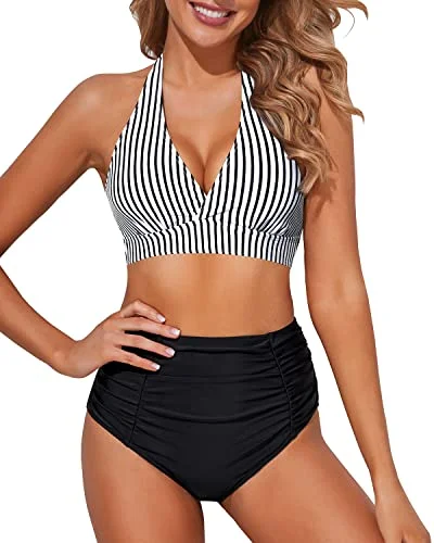 Affordable swim sets for budget-friendly vacation style -Slimming Ruched Two Piece High Waisted Bikini Set-Black And White Stripe