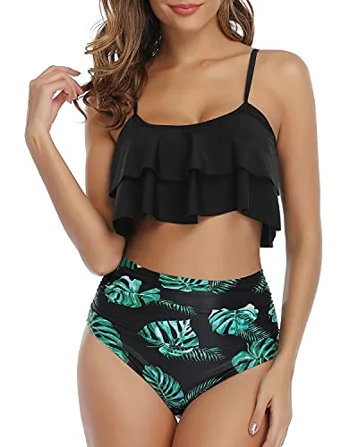 Classic swim sets for timeless beach essentials -Two Piece Double Tiered Ruffle Flounce Crop Top Bikini Set-Black Leaf