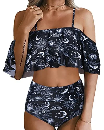 Luxury bikini swim sets with metallic shine -Attractive Off Shoulder High Waisted Ruffle Bikini Set-Black Sun And Moon