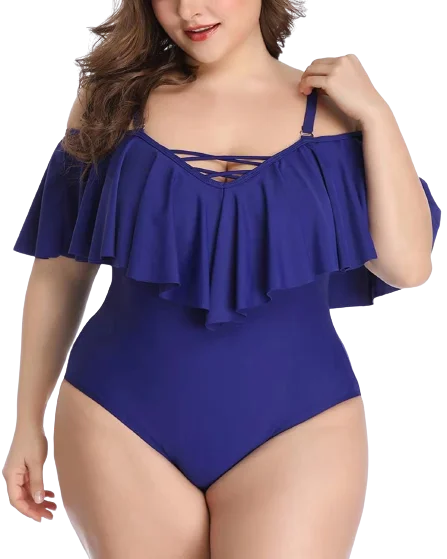 Stylish bikini swim sets for summer beach outings -Plus Size Swimwear Blue Color Ruffled One-piece Set Off-the-shoulder