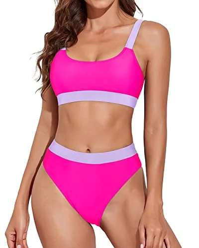 Tropical tankini swim sets for vacation fun -Women High Waisted Bikini Bottoms Sporty Scoop Neck Bikini-Phosphor And Light Purple