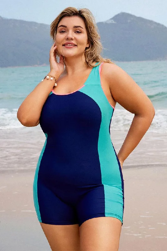 Strapless swim sets for seamless tan lines -HN Women Plus Size Contrast Color Bathing Suit Hollowed-out Back Swimwear