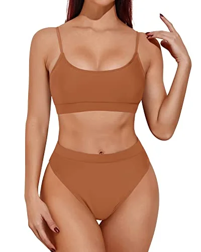 Affordable bikini swim sets for summer joy -Stretchy Waistband Tummy Control Two Piece High Waisted Bikini-Brown