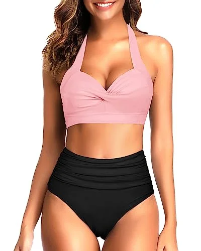 Lightweight swim sets for quick-drying swim comfort -Retro Halter Two Piece Ruched Bikini Sets