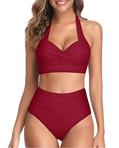 Ruffled halter swim sets for flirty appeal -Two Piece Push Up Bra Adjustable Straps High Cut Bikini-Red