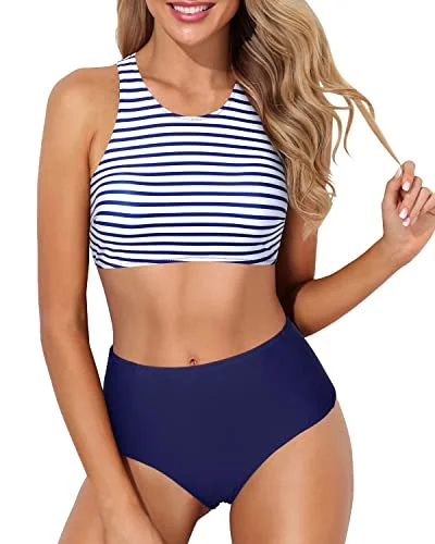 Cute matching swim sets for trendy resort wear -Tank Style High Neck Racerback Two Piece Bikini Set-Blue White Stripe