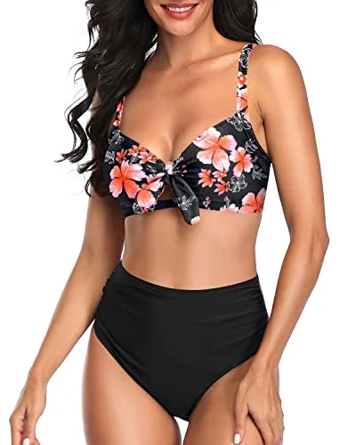 Designer bikini swim sets for upscale appeal -Knot Tie Bathing Suits Women Two Piece High Waisted Bikini Set-Pink Flower