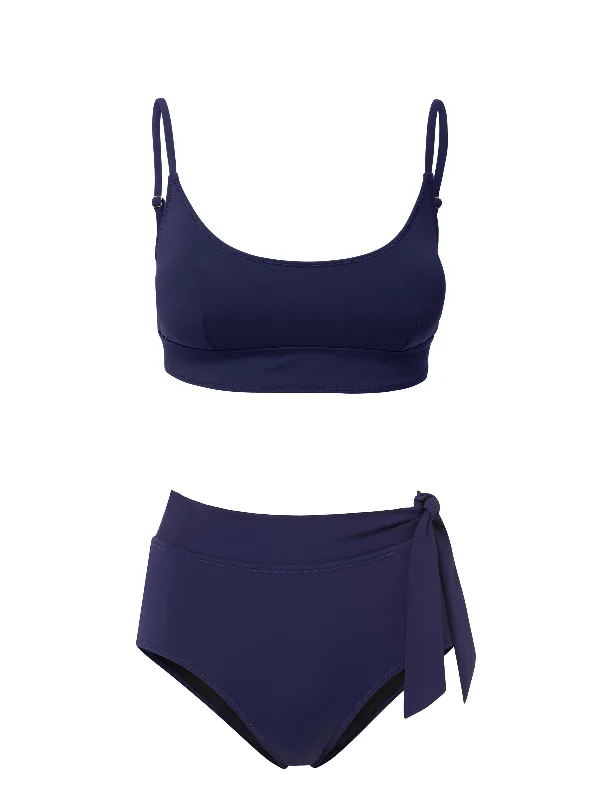 Neon swim sets for bold poolside looks -Erika Top + Side Tie High Rise Bottom in Navy Satin