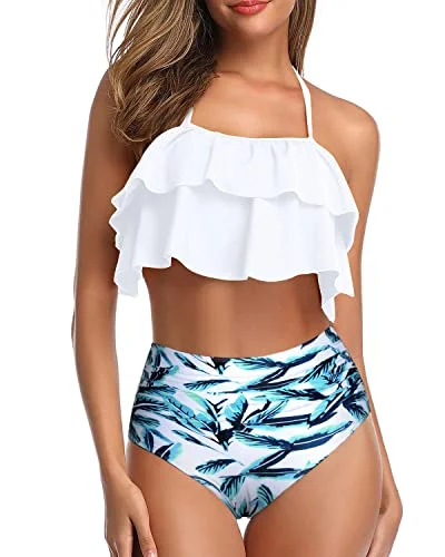 Soft tankini swim sets for gentle comfort -Flattering Two Piece Ruffle High Waisted Bikini-White Leaf