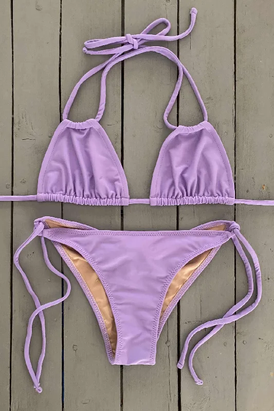 Ruffled swim sets for feminine playful vibes -Lavender Double String Triangle Bikini Top