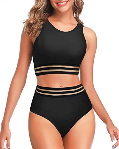 High-neck tankini swim sets for sporty chic -Women's 2 Piece Sporty Racerback Bikini Top Tummy Control Bikini Bottom