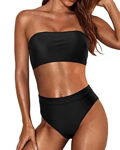 Sporty bikini swim sets for athletic vibes -Sexy High Cut Bikini Bottom Removable Padding Strapless Bikini Top-Black