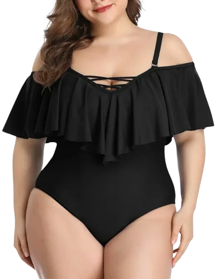 Affordable swim sets for budget-friendly vacation style -Plus Size Swimwear Black Color Ruffled One-piece Set Off-the-shoulder