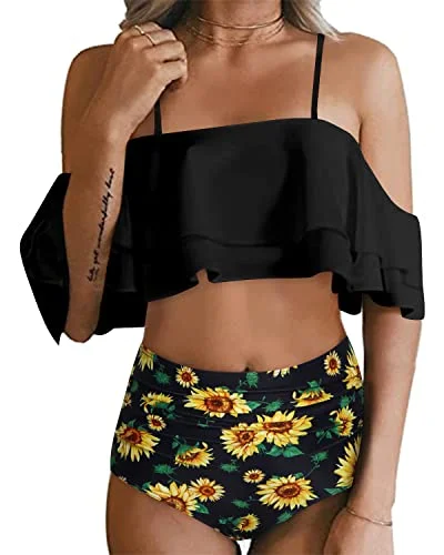 Durable swim sets for long-lasting water fun -Elegant Off Shoulder Bikini Set For Women Tummy Control Bottoms-Black Sunflower