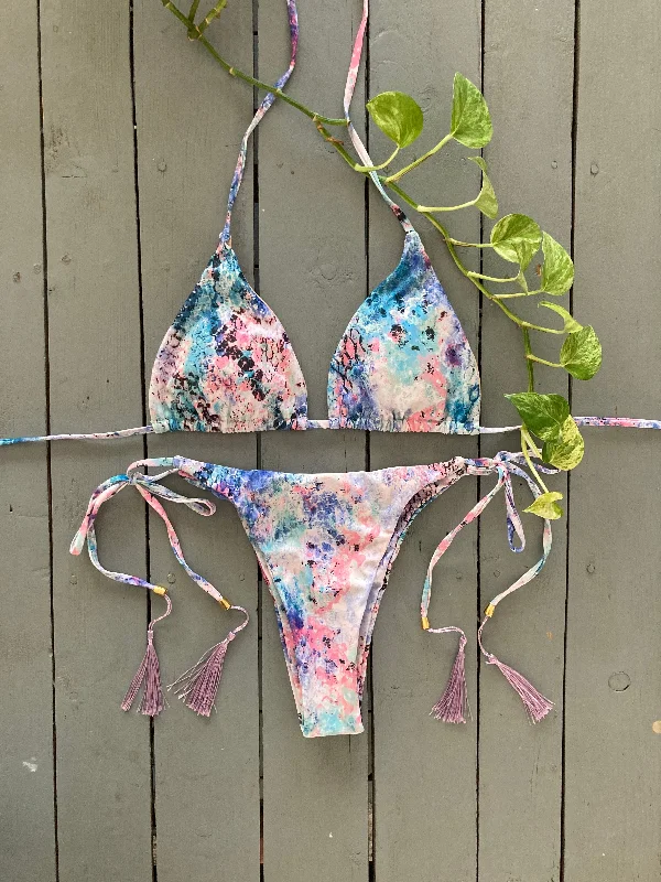 Tropical print swim sets for island flair -Pastel Water Print Triangle Bikini Top and Cheeky Bottom w/Tassels