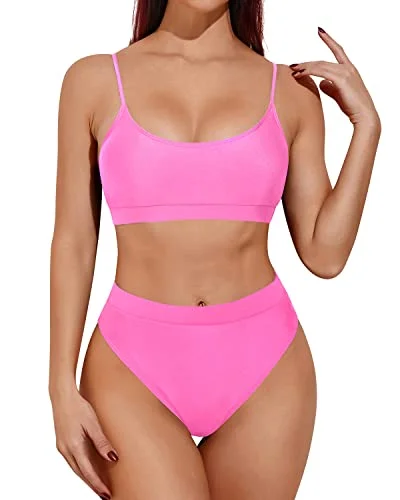 Two Piece High Waisted Bikini Sporty Scoop Neck Swimsuits-Light Pink