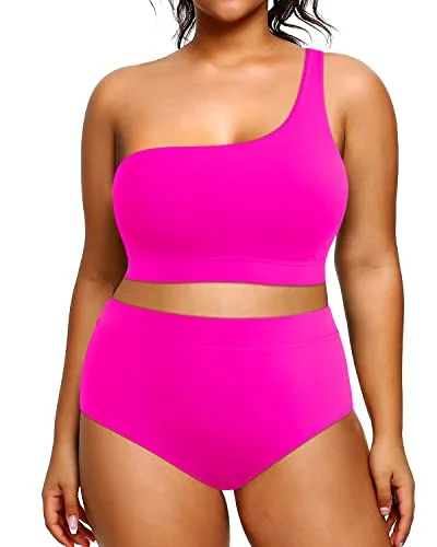 Bright swim sets for standout beach flair -Women's Plus Size High Waisted One Shoulder Two Piece Bikini Swimsuit