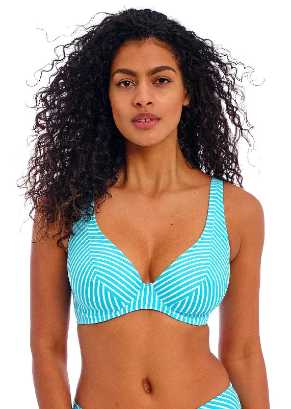 Patterned bikini for women with geometric designs for bold and unique look -Jewel Cove High Apex Bikini Top In Stripe Turquoise - Freya