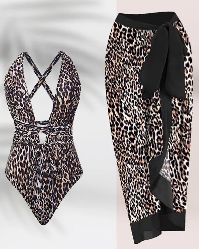 Supportive swim sets for confident water play -Deep V Leopard Print One Piece Swimwear with Cover Up