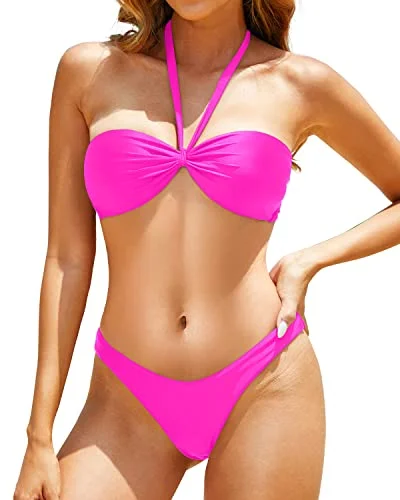 Designer swim sets for luxury swimwear elegance -Adjustable Self-tie Halter Neck Swimwear High-cut Two Piece Swimsuits