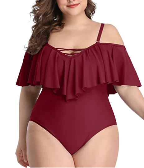 Cute bikini swim sets with tie-front detail -Plus Size Swimwear Red Color Ruffled One-piece Set Off-the-shoulder