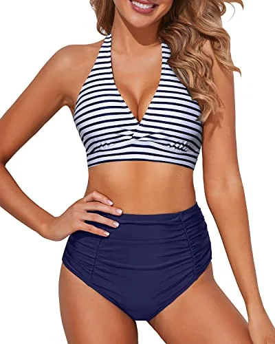 Ruffled swim sets for feminine playful vibes -Charming Tummy Control Two Piece High Waisted Bikini Set-Blue White Stripe