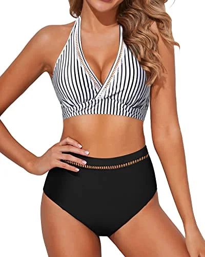 Supportive swim sets for confident water play -Sexy Mesh V Neck High Waisted Bikini Sets For Women-Black And White Stripe