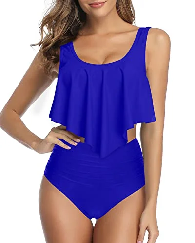 Cute high-neck swim sets for modern modesty -Removable Padded Push Up High Waist Ruched Bikini Swimsuit-Royal Blue