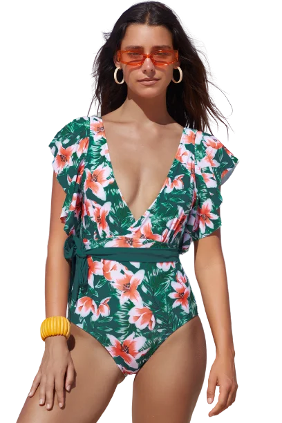 Tropical print swim sets for island flair -Deep V Neck Floral Print Ruffles One Piece Swimwear