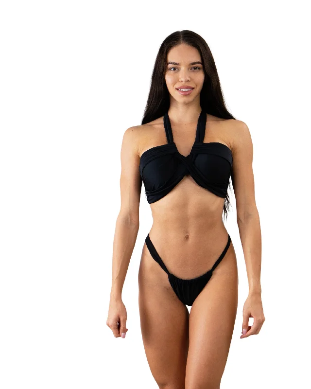 Comfortable swim pants for women with soft fabric and full coverage fit -Solid Black Neck Tie Bandeau Top