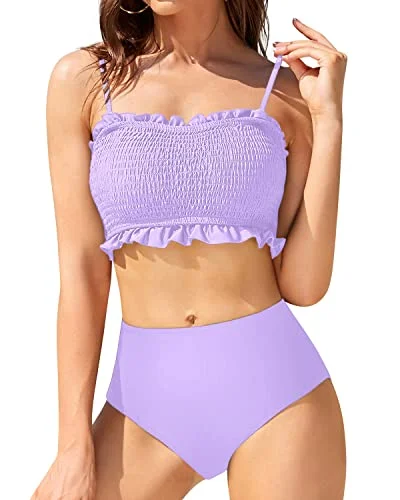 High-neck swim sets with bold color blocks -Tummy Control High Cut Bikini Bottom And Ruffled Bikini-Light Purple