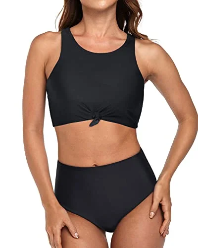 High-neck swim sets with bold color blocks -2 Piece Sporty High Neck Tie Knot Bikini Set Bottom-Black