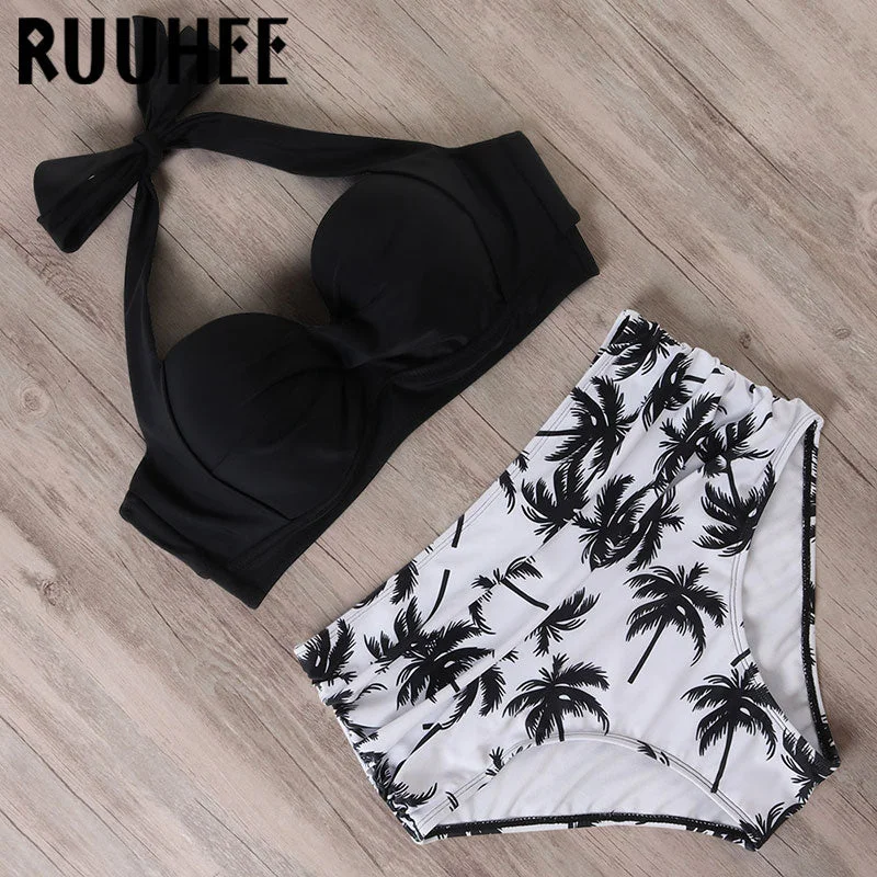 Tropical swim sets with vibrant leaf prints -RUUHEE Halter TOP High Waist Bikini 2020 Women Bandage Swimwear Push UP Swimsuit Leopard Swimming Set Maillot De Bain Femme New