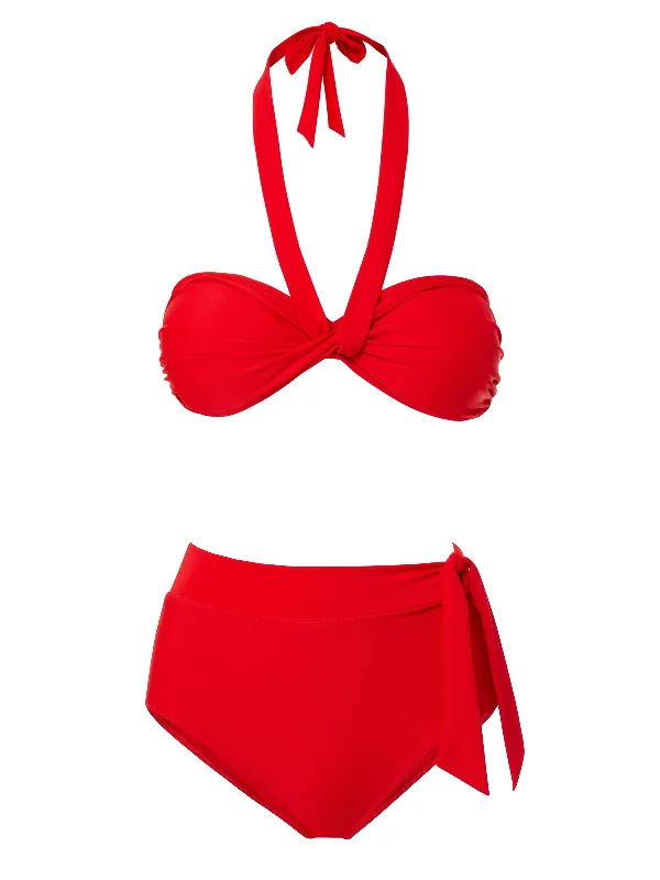 Cute halter swim sets for youthful style -Loryn Top + Side Tie High Waist Bottom in Cherry Red