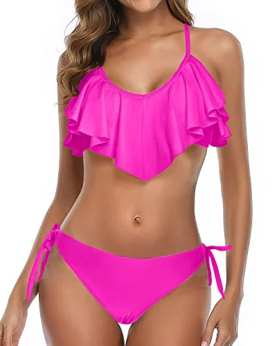 Sporty tankini swim sets for active lifestyles -Flattering Two Piece Bikini Women Cross Back Bathing Suit-Neon Pink