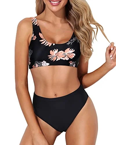 Affordable swim sets for budget-friendly vacation style -Padded Push Up Bra Support Sports Two Piece Bikini For Women-Black Orange Floral