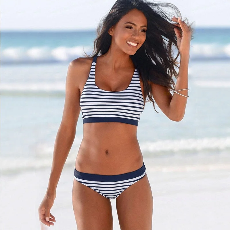 High-neck swim sets for elegant beach coverage -2020 Push Up Sexy Bikini Set Swimsuit Female Swimwear Women Striped Bathing Suit Cross Strap Tank Crop Top Bikinis Padded Beach