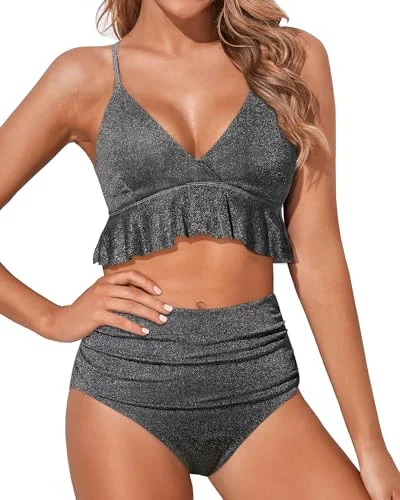 Sporty tankini swim sets for active lifestyles -Women Two Piece Swimsuits High Waisted Bikini Set Ruffle Flounce Tummy Control Bottoms Bathing Suit