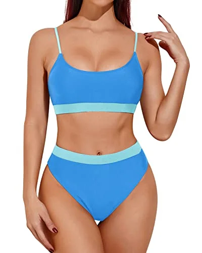 Floral swim sets for romantic summer vibes -Tummy Control & Slimming High Waisted Bikini Sporty Scoop Neck Swimsuits-Light Blue And Light Green