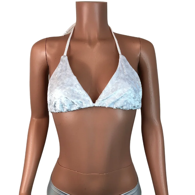 Triangle bikini top for women with adjustable ties for a customizable fit -Triangle Bikini Top in White Crushed Velvet