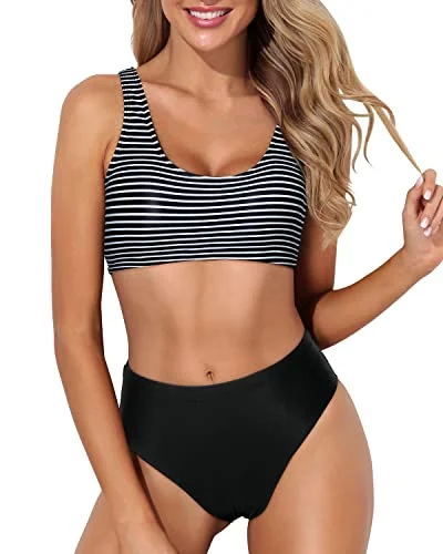 Luxury swim sets with premium fabric shine -Two Piece Scoop Neck Bikini Crop Top High Cut Swimsuit-Black And White Stripe