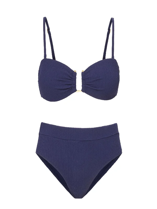 Bright bikini swim sets for fun vibes -Gina Top + Hi Waist Hi Leg Bottom in Navy Texture