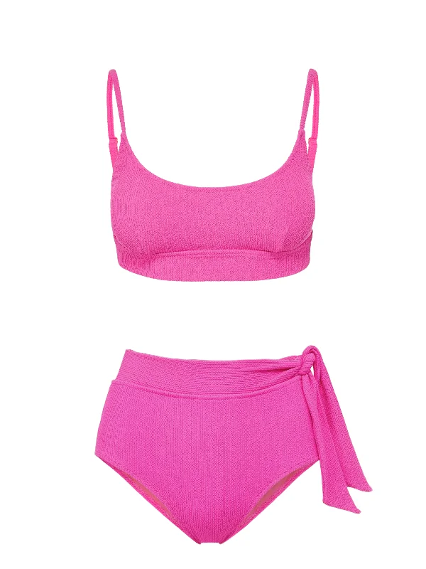 Adjustable swim sets for personalized fit ease -Erika Top + Side Tie High Waist Bottom in Shocking Pink Texture